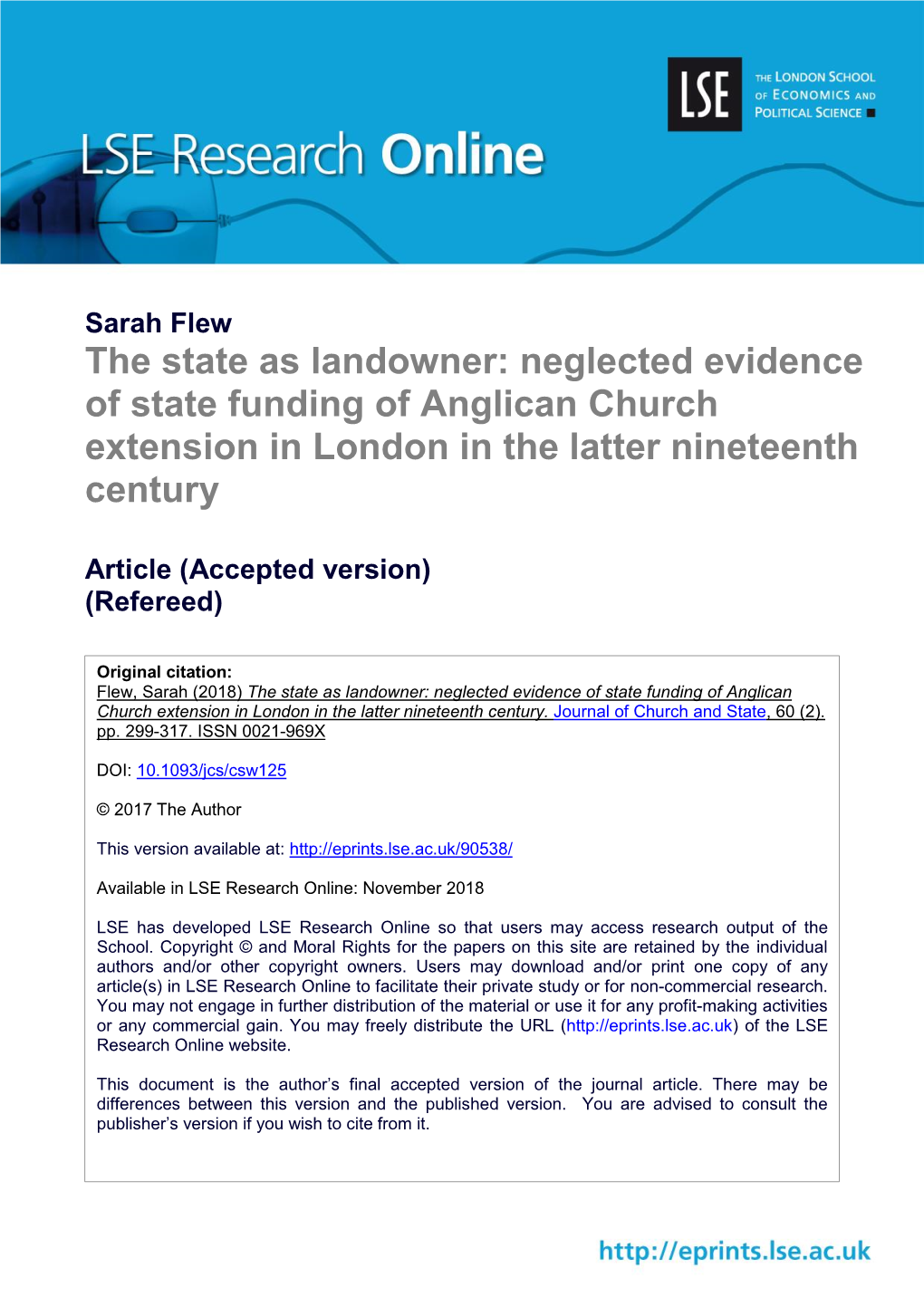 The State As Landowner: Neglected Evidence of State Funding of Anglican Church Extension in London in the Latter Nineteenth Century