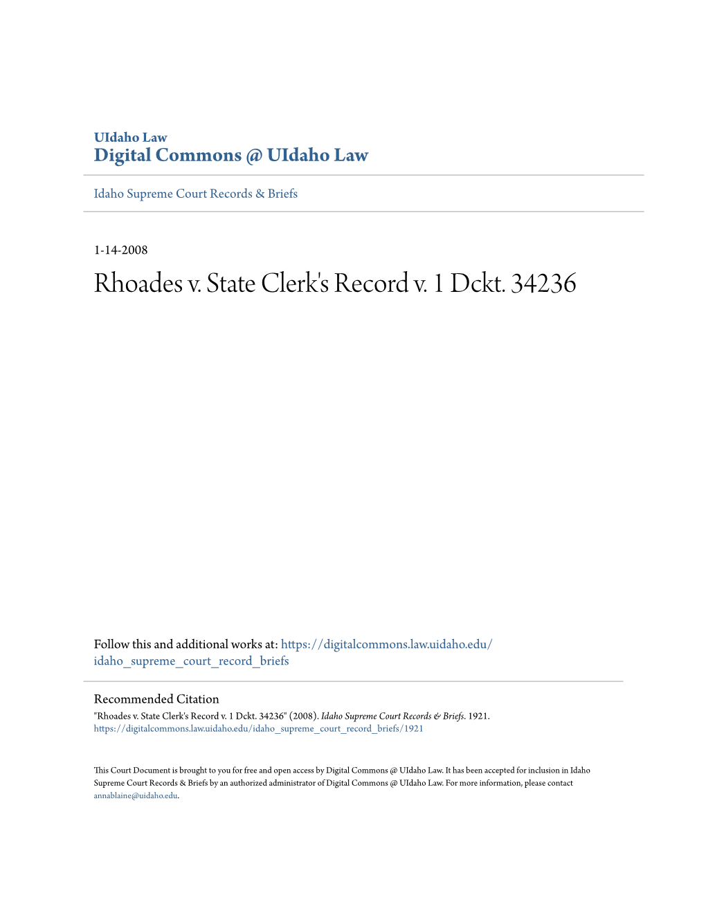 Rhoades V. State Clerk's Record V. 1 Dckt. 34236