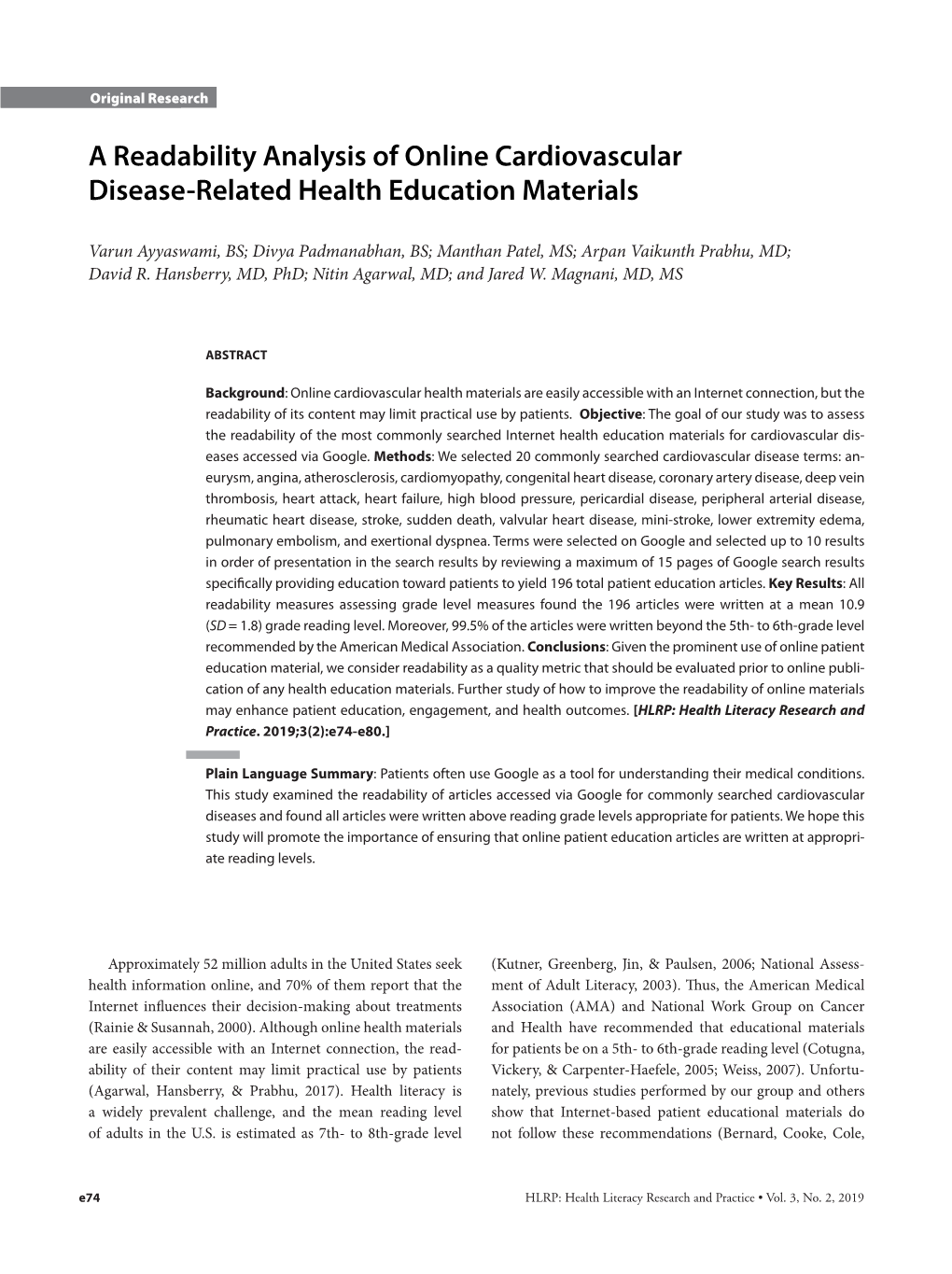 A Readability Analysis of Online Cardiovascular Disease-Related Health Education Materials