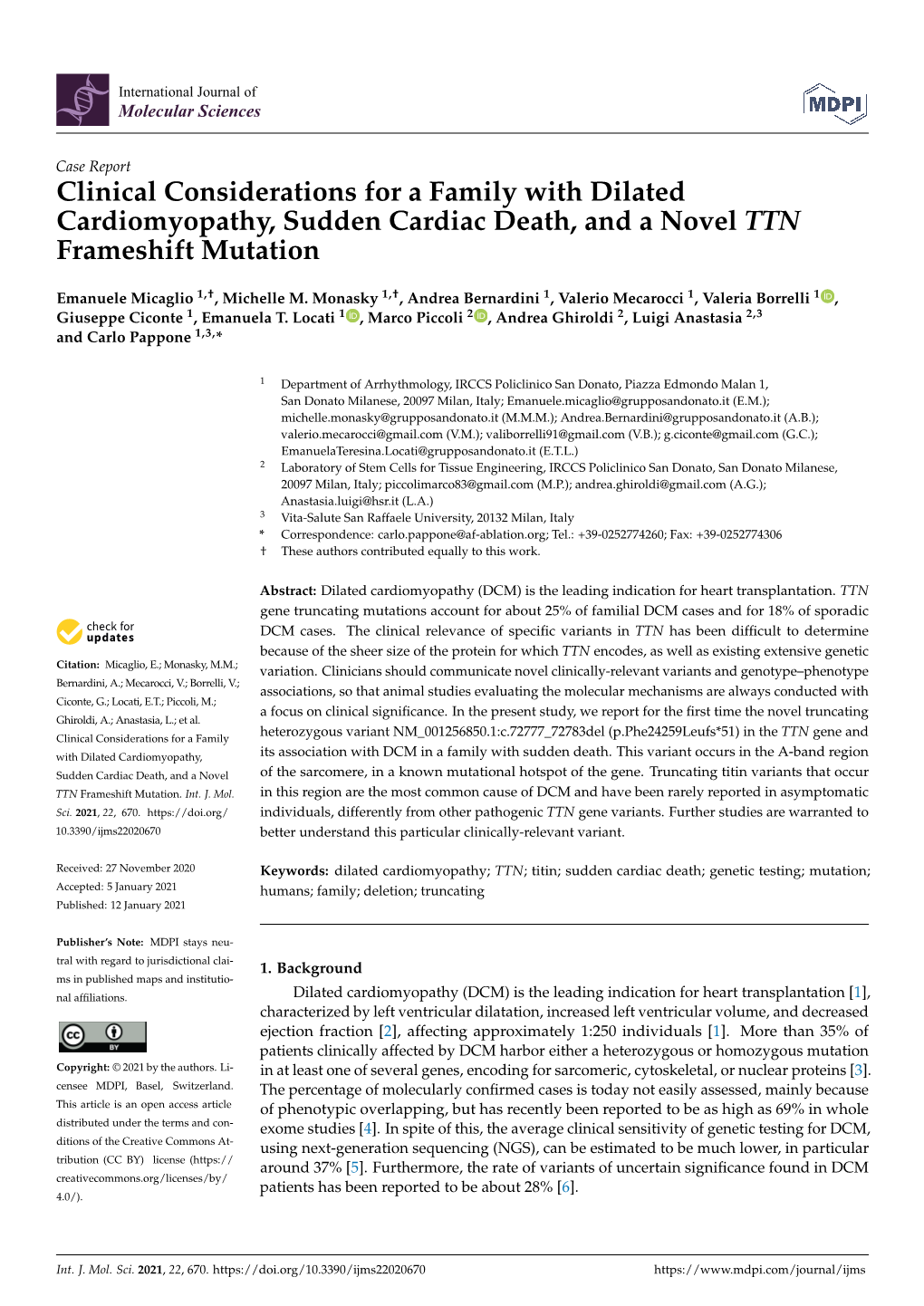 Clinical Considerations for a Family with Dilated Cardiomyopathy, Sudden Cardiac Death, and a Novel TTN Frameshift Mutation