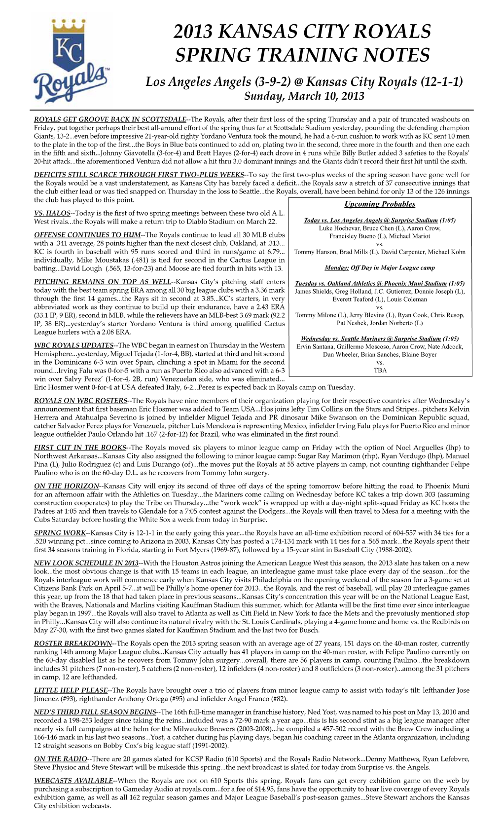 2013 KANSAS CITY ROYALS SPRING TRAINING NOTES Los Angeles Angels (3-9-2) @ Kansas City Royals (12-1-1) Sunday, March 10, 2013