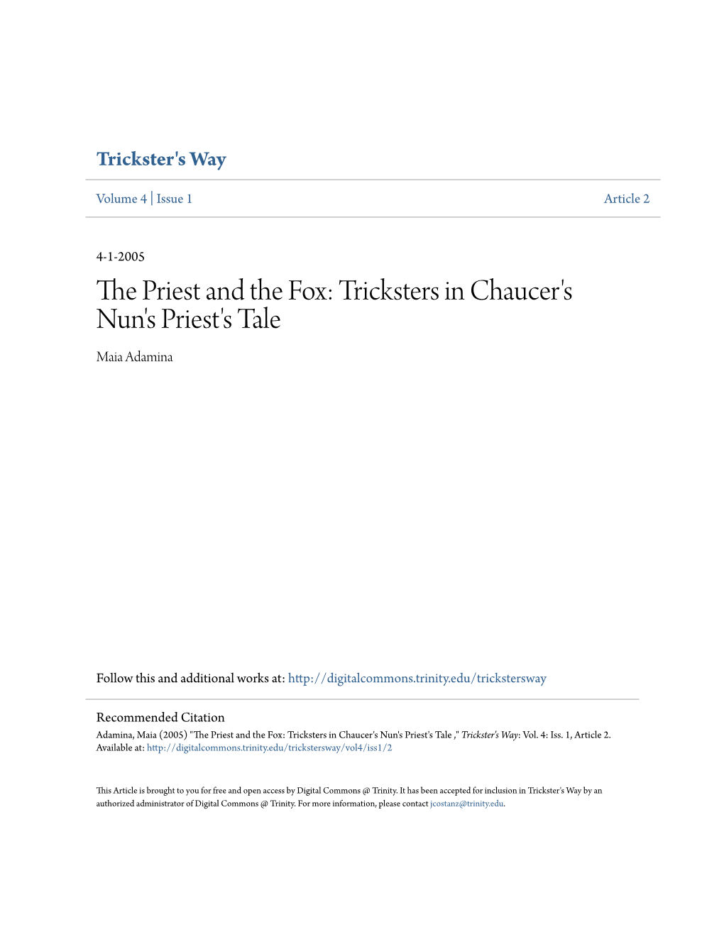 The Priest and the Fox: Tricksters in Chaucer's Nun's Priest's Tale