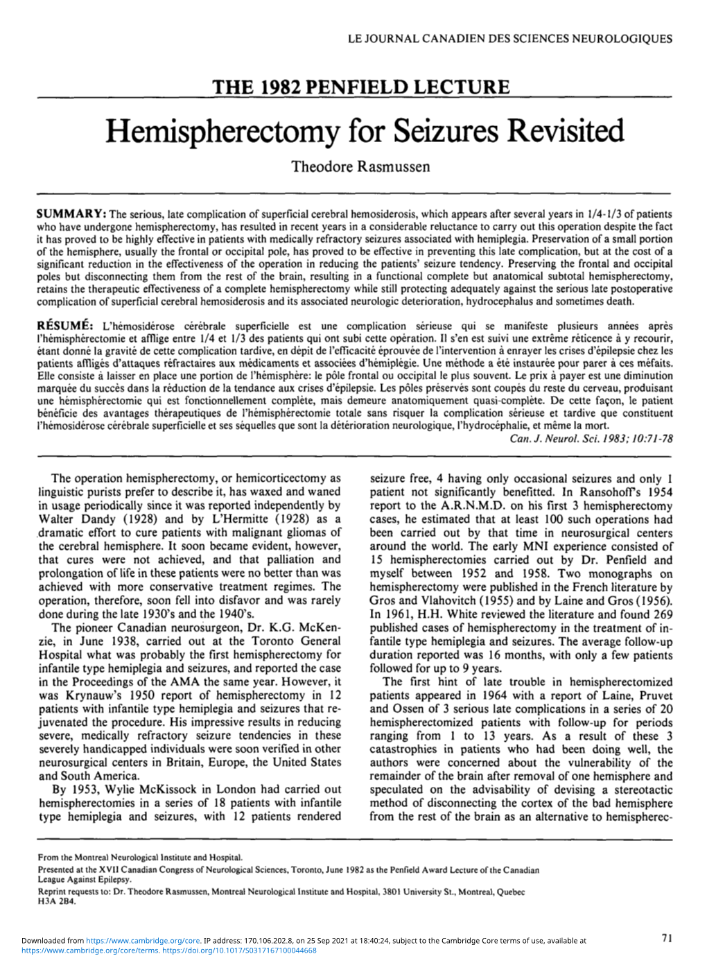 Hemispherectomy for Seizures Revisited Theodore Rasmussen