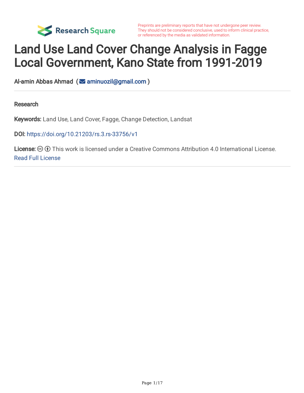 Land Use Land Cover Change Analysis in Fagge Local Government, Kano State from 1991-2019