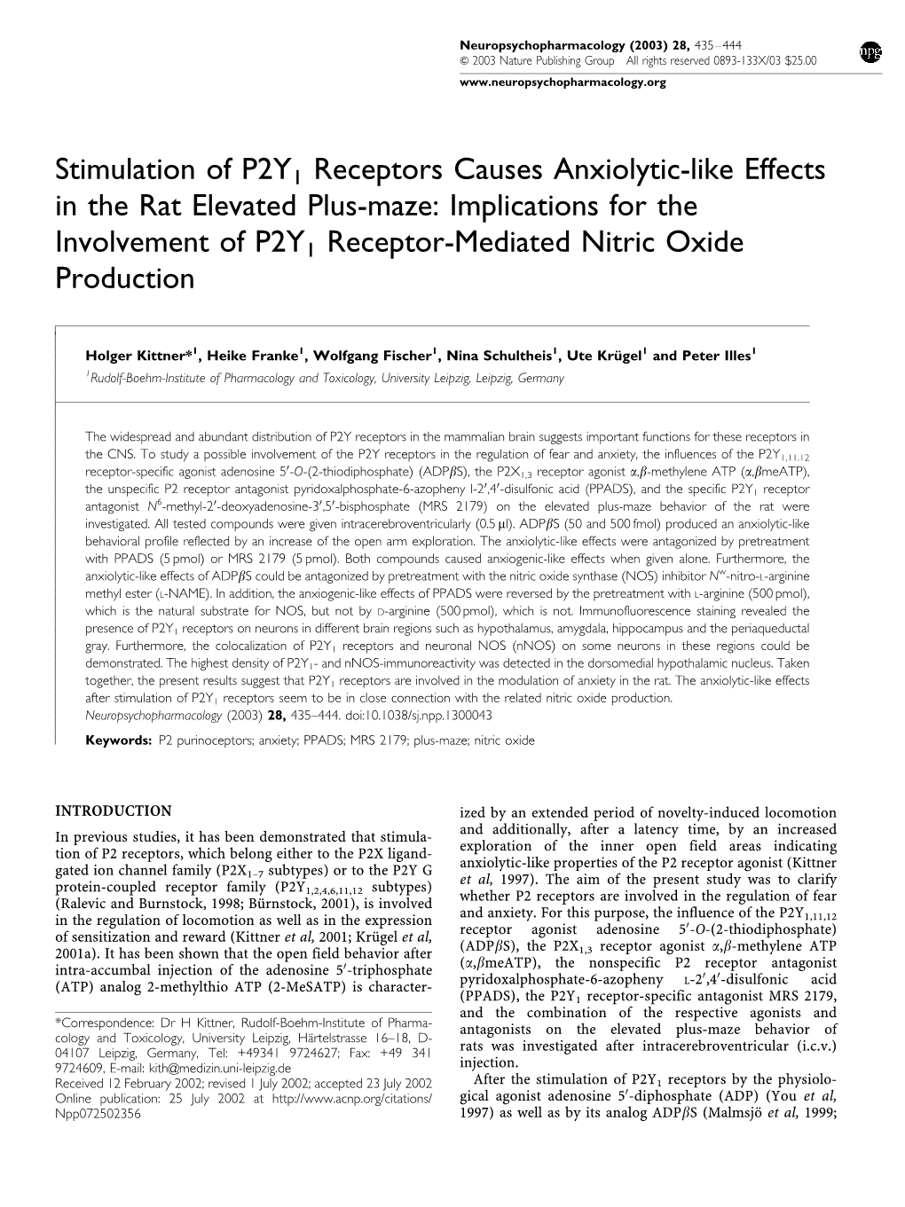 Stimulation of P2Y1 Receptors Causes Anxiolytic-Like