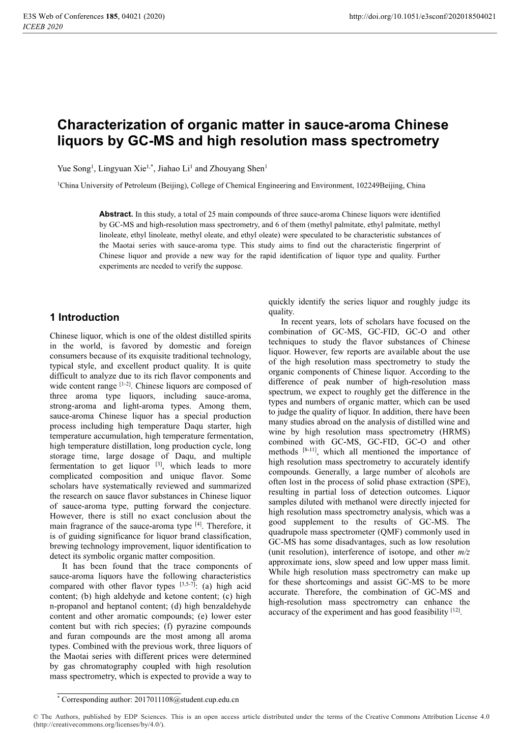 Characterization of Organic Matter in Sauce-Aroma Chinese Liquors by GC-MS and High Resolution Mass Spectrometry