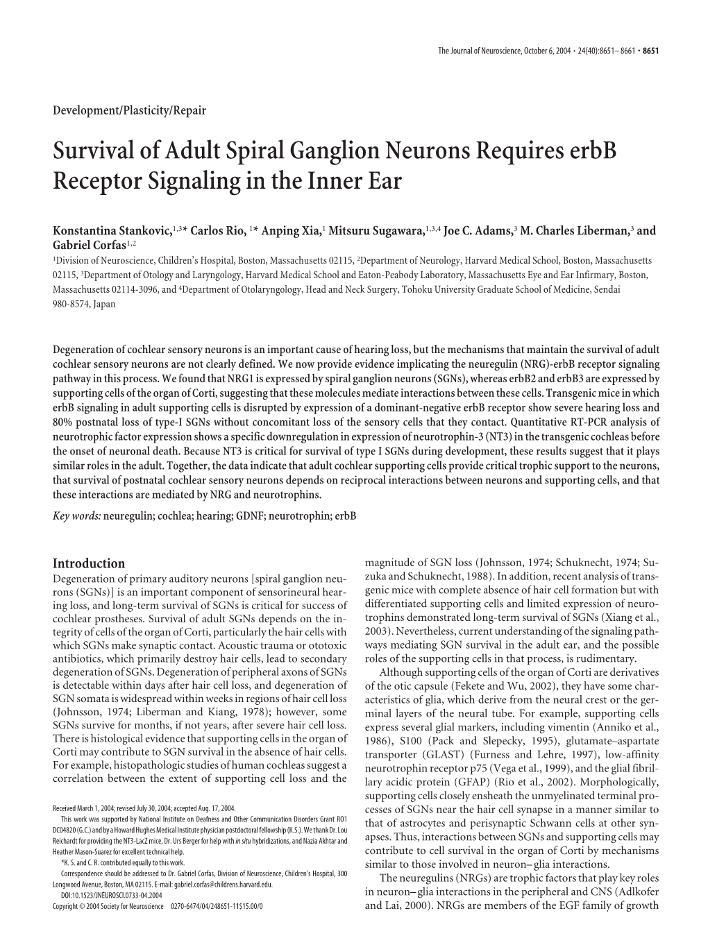 Survival of Adult Spiral Ganglion Neurons Requires Erbb Receptor Signaling in the Inner Ear