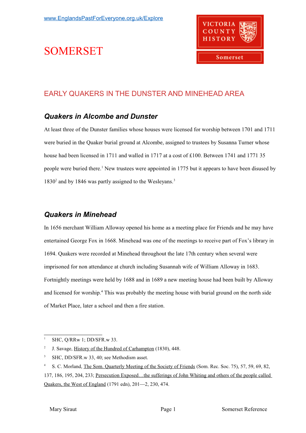 Quakers in the Dunster and Minehead Area