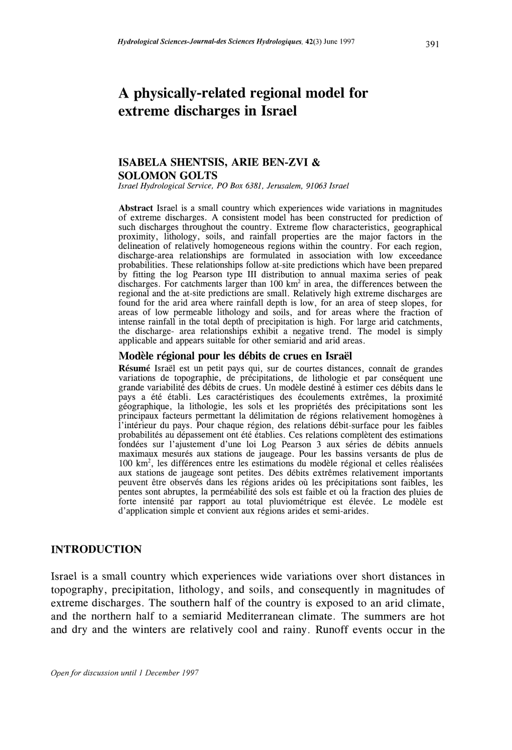 A Physically-Related Regional Model for Extreme Discharges in Israel