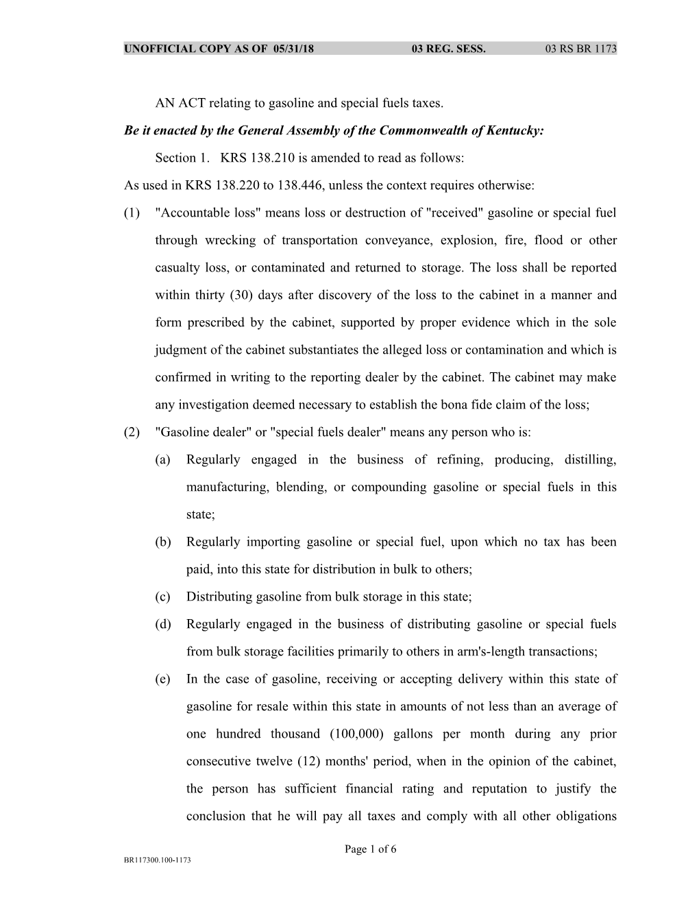 AN ACT Relating to Gasoline and Special Fuels Taxes