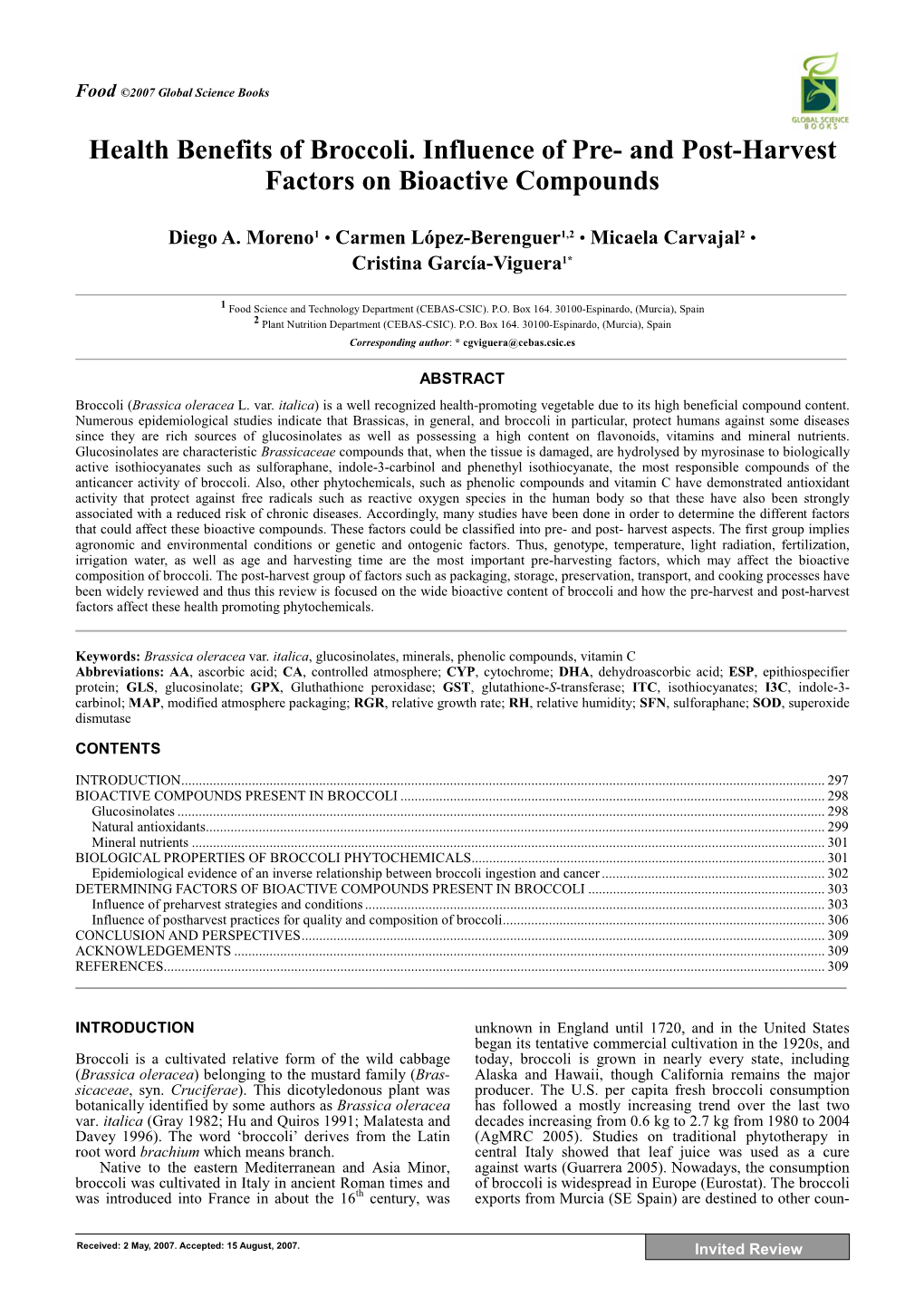 Health Benefits of Broccoli. Influence of Pre- and Post-Harvest Factors on Bioactive Compounds