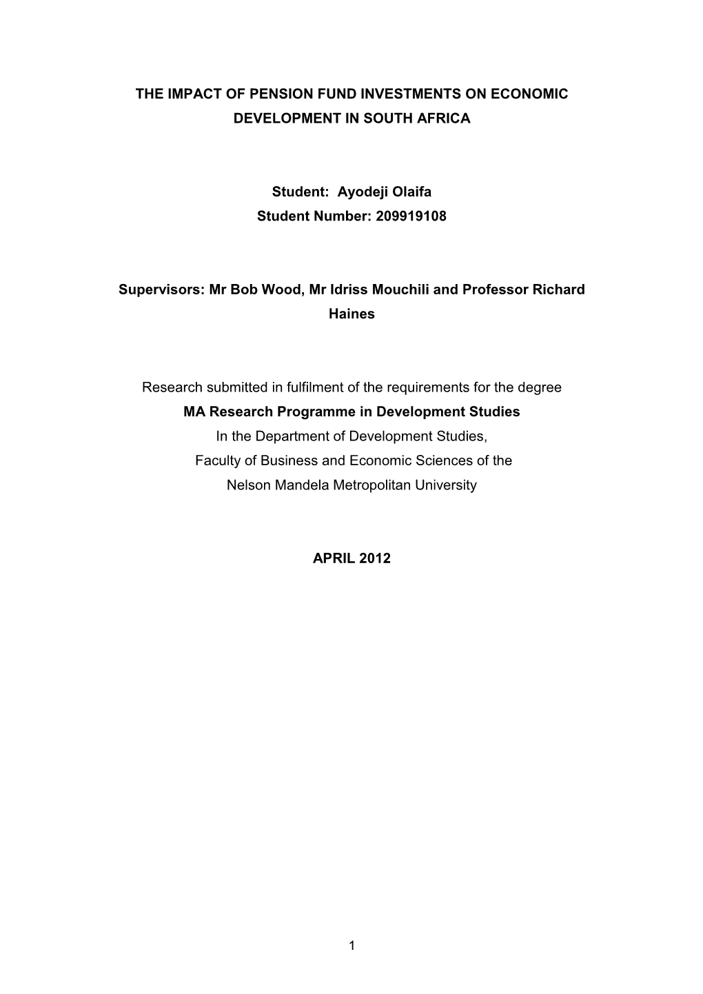 The Impact of Pension Fund Investments on Economic Development in South Africa