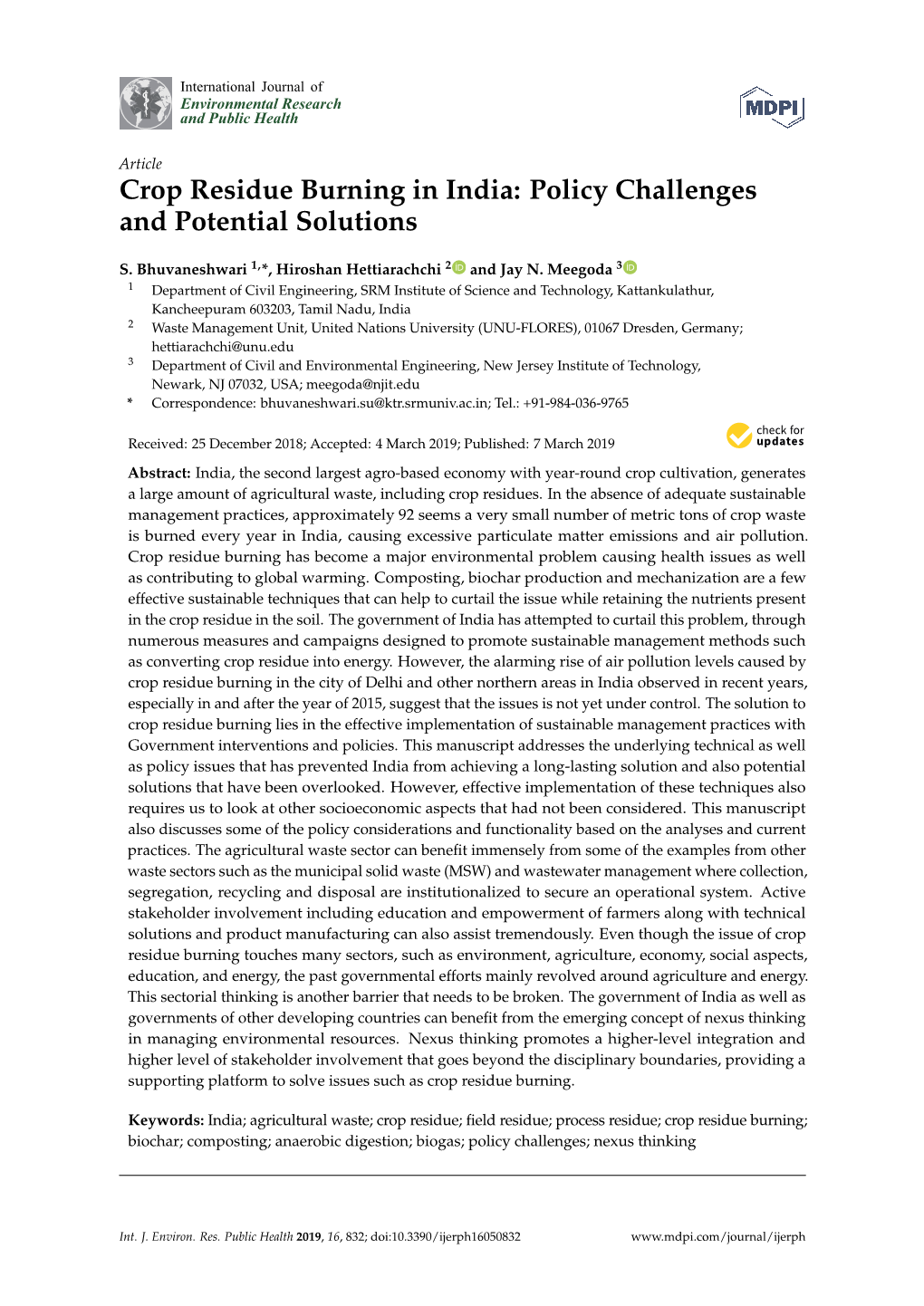 Crop Residue Burning in India: Policy Challenges and Potential Solutions