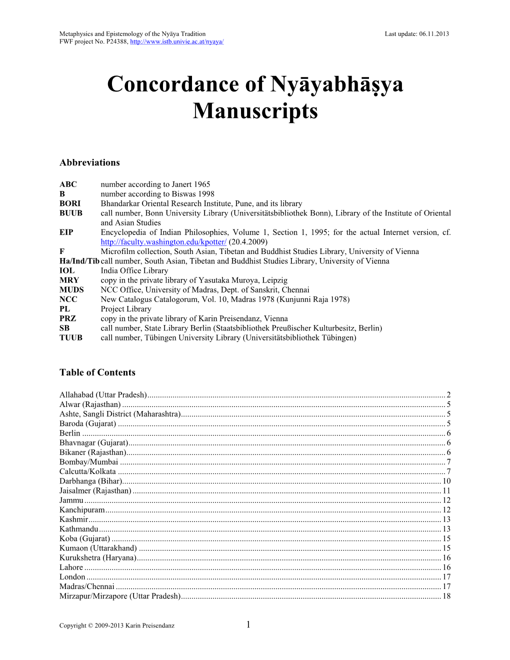 Concordance of Nyāyabhāṣya Manuscripts
