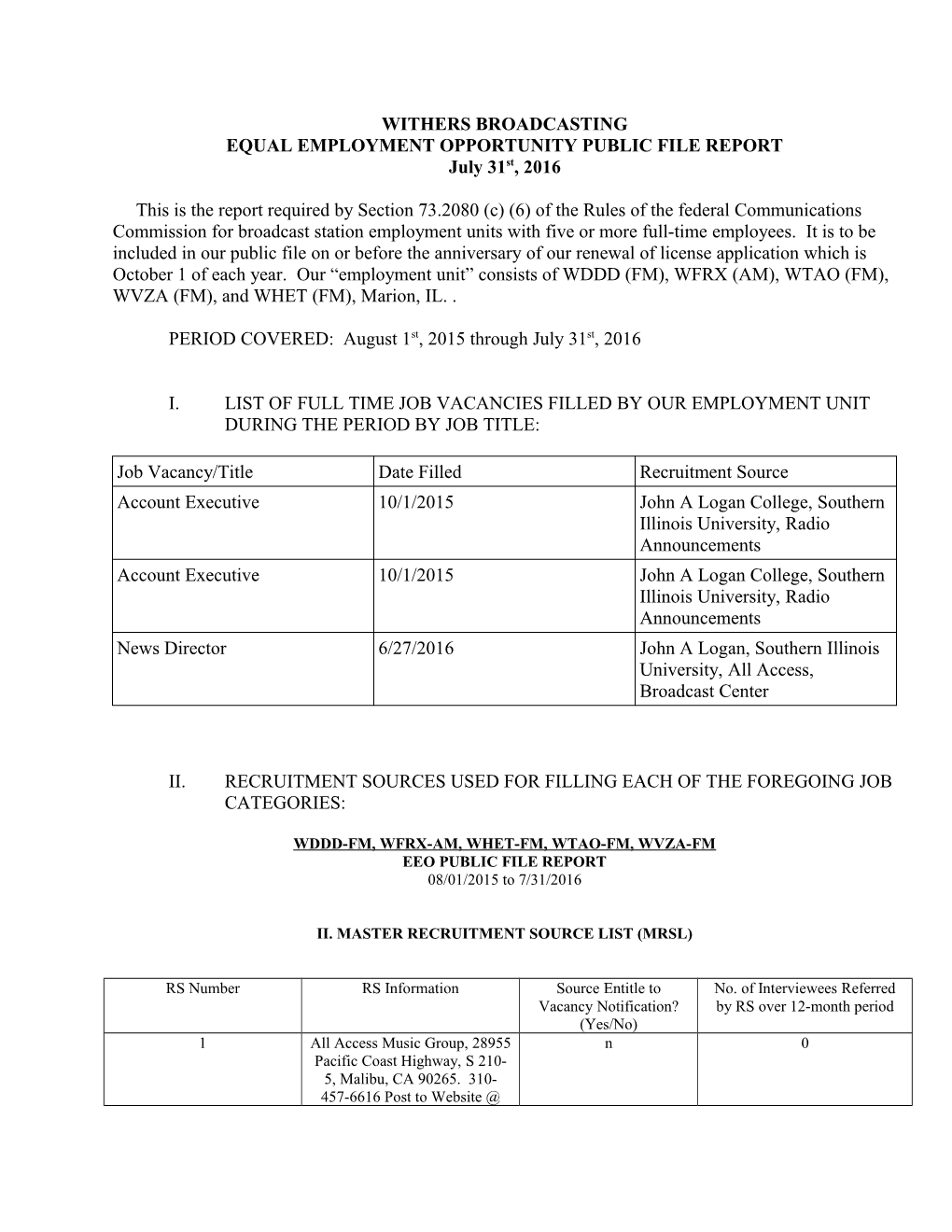 WITHERS BROADCASTING EQUAL EMPLOYMENT OPPORTUNITY PUBLIC FILE REPORT July 31St, 2016