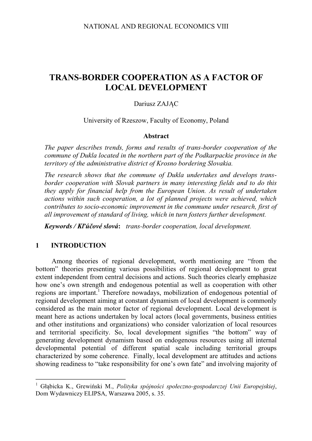 Trans-Border Cooperation As a Factor of Local Development