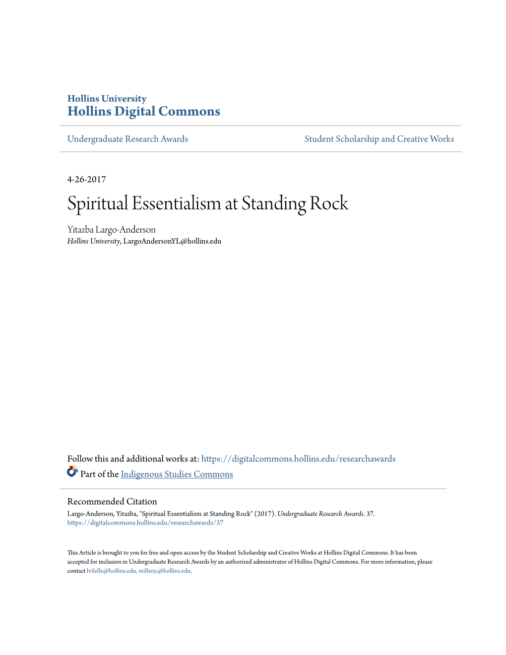 Spiritual Essentialism at Standing Rock Yitazba Largo-Anderson Hollins University, Largoandersonyl@Hollins.Edu