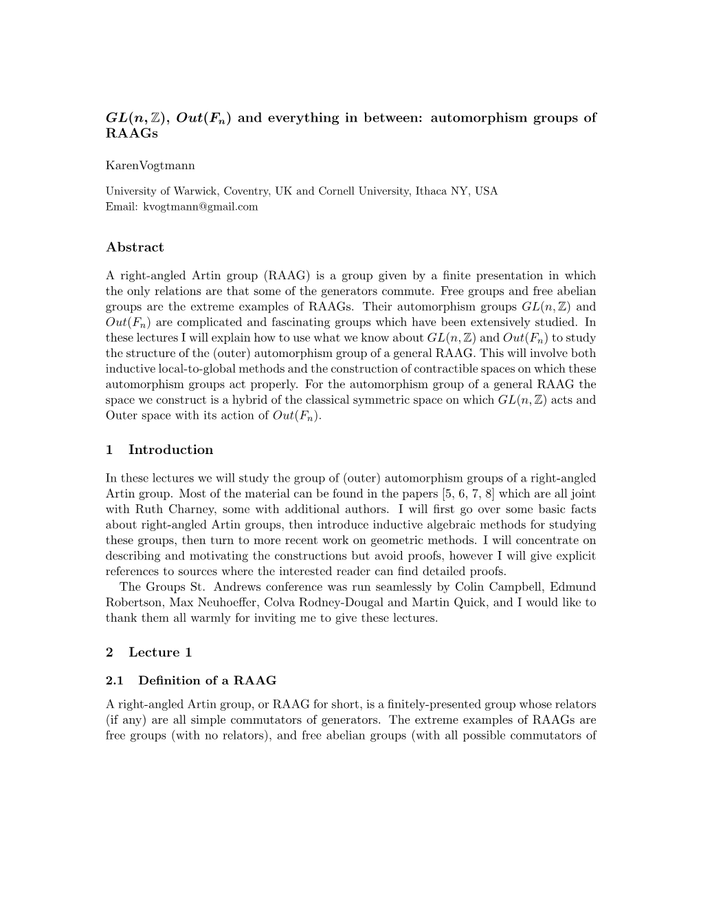 Automorphism Groups of Raags Abstract 1 Introduction 2 Lecture 1