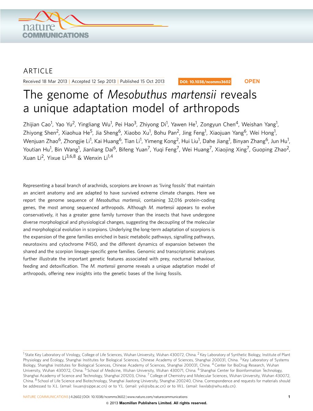 The Genome of Mesobuthus Martensii Reveals a Unique Adaptation Model of Arthropods