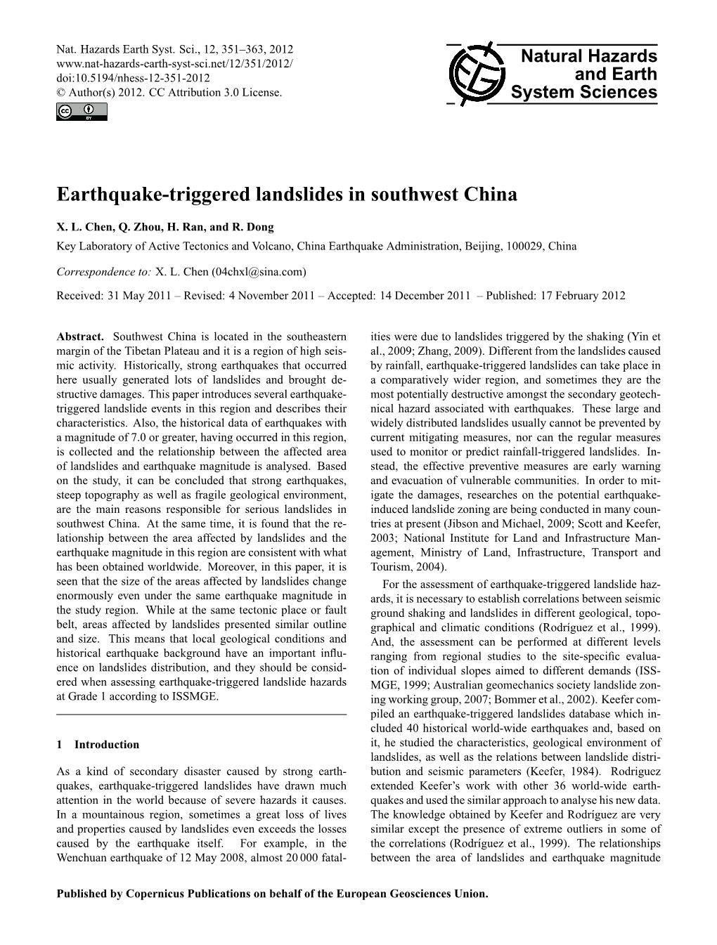 Earthquake-Triggered Landslides in Southwest China