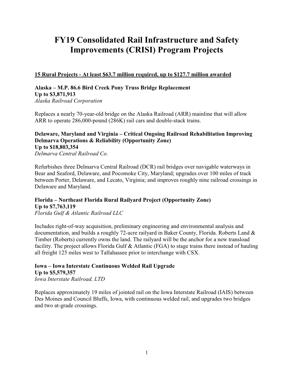 FY19 Consolidated Rail Infrastructure and Safety Improvements (CRISI) Program Projects