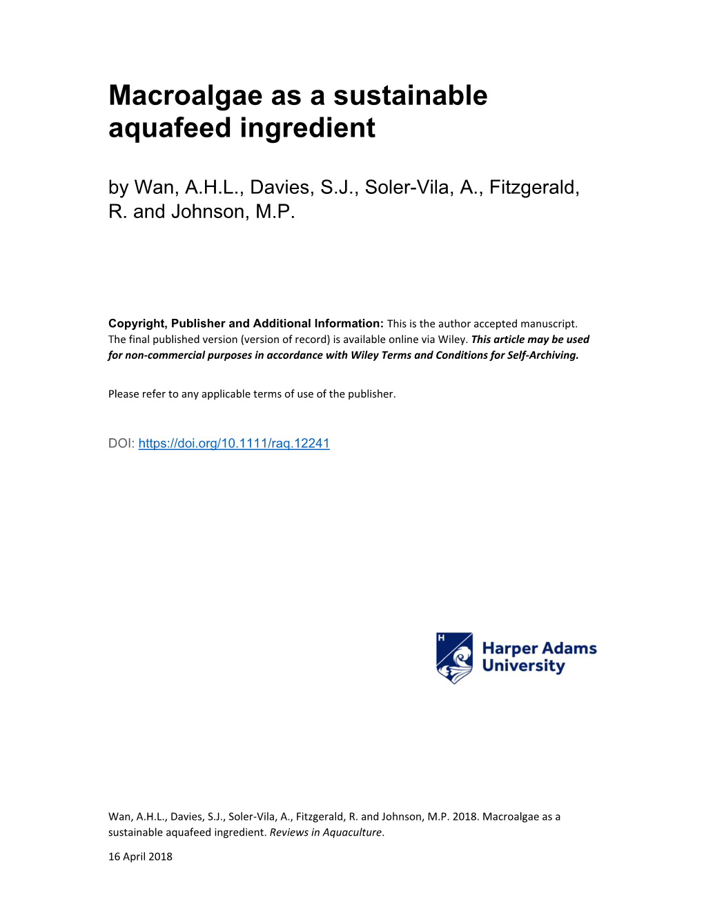 Macroalgae As a Sustainable Aquafeed Ingredient by Wan, A.H.L., Davies, S.J., Soler-Vila, A., Fitzgerald, R