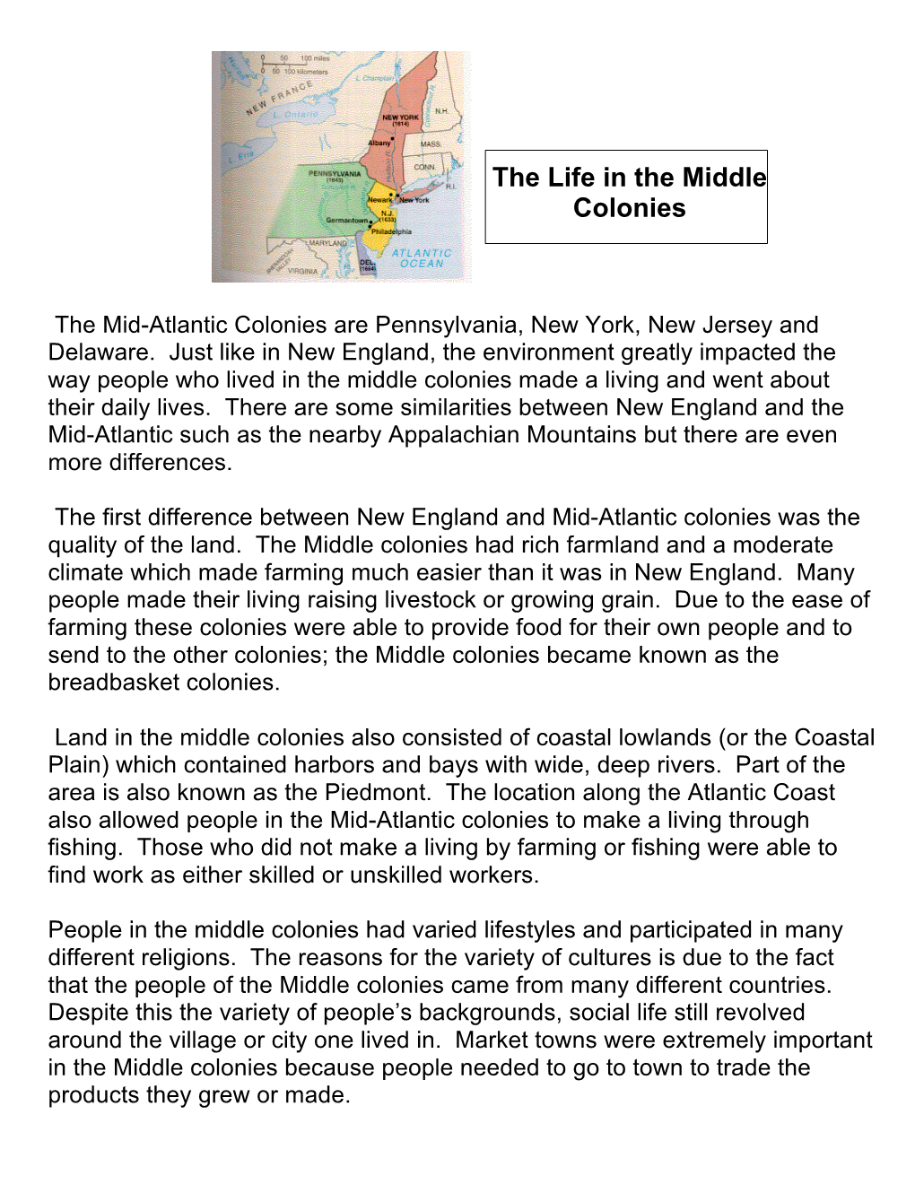 The Life in the Middle Colonies