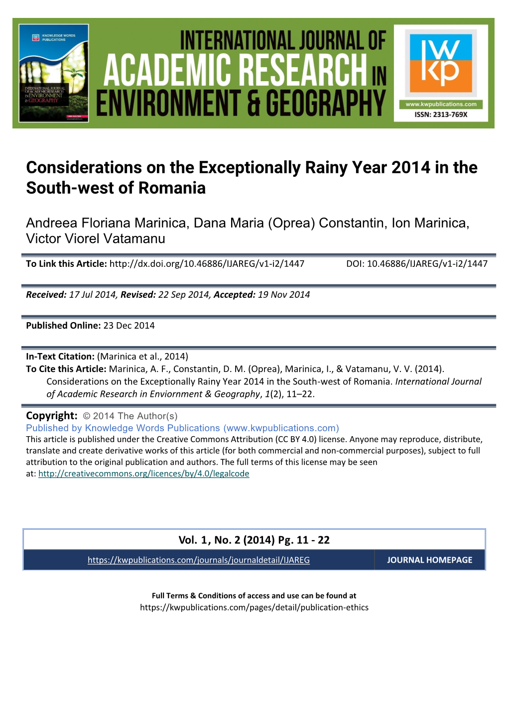 Considerations on the Exceptionally Rainy Year 2014 in the South-West of Romania