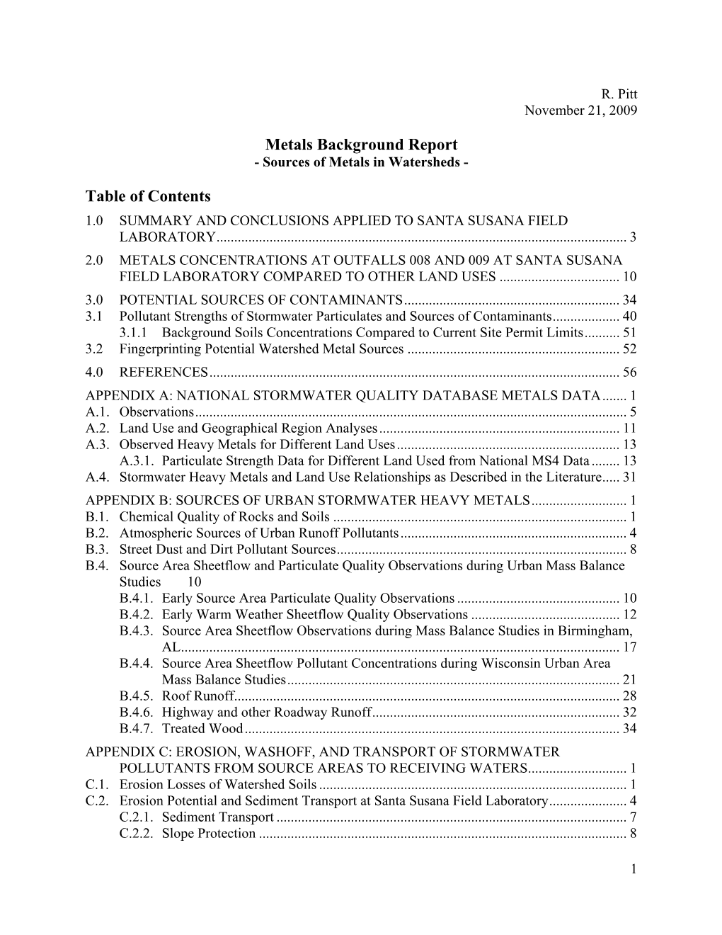 Metals Background Report Table of Contents