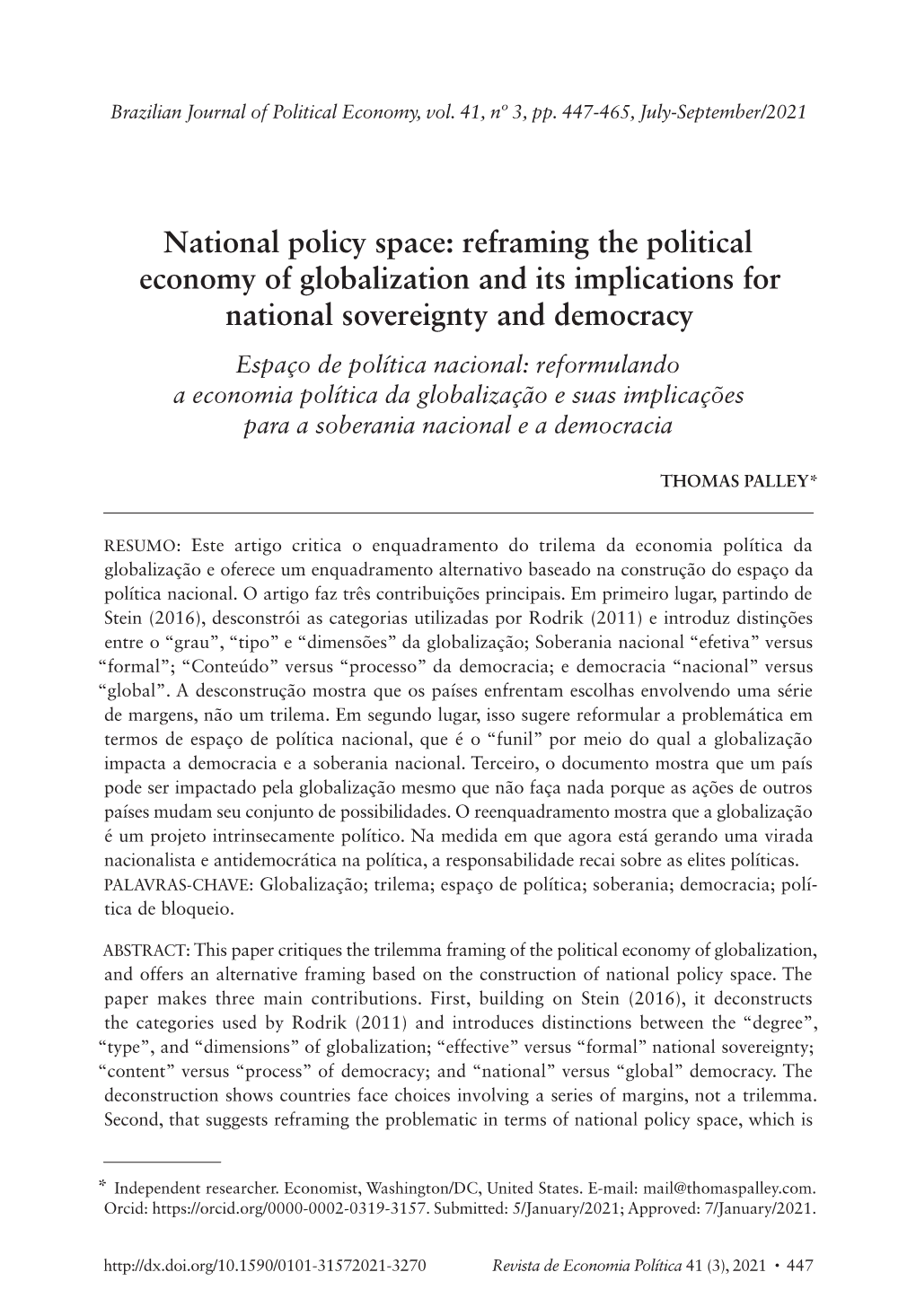 National Policy Space: Reframing the Political Economy of Globalization