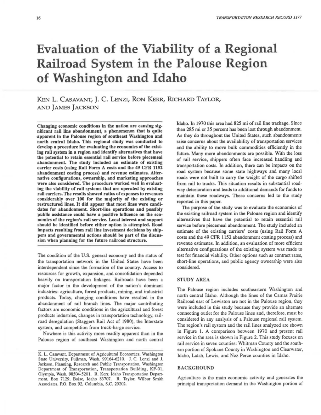 Evaluation of the Viability of a Regional Railroad System in the Palouse Region of Washington and Idaho