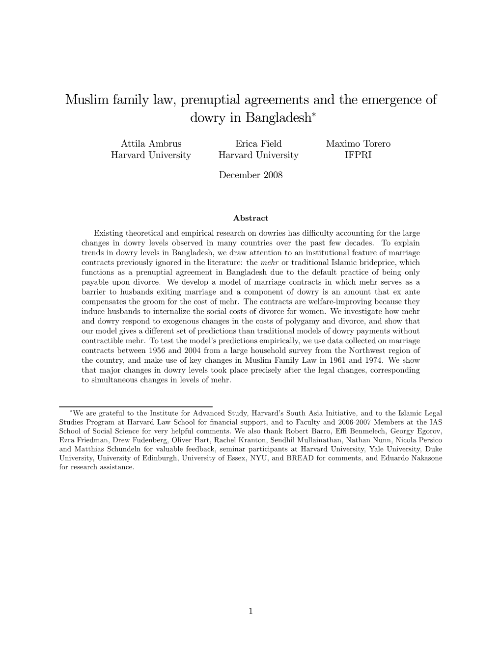 Muslim Family Law, Prenuptial Agreements and the Emergence of Dowry in Bangladesh∗