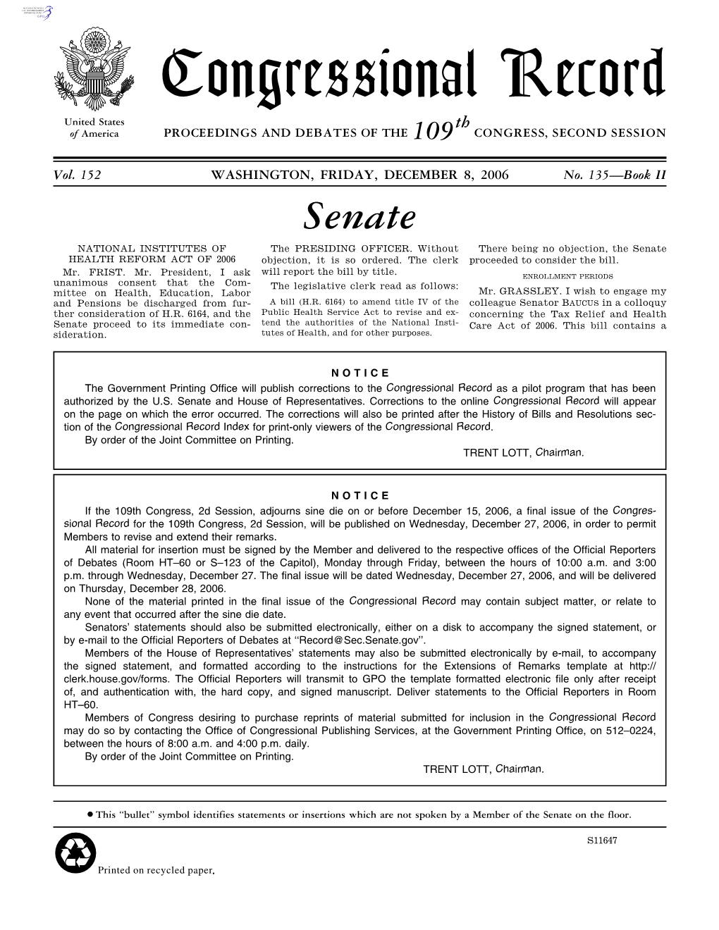 Congressional Record United States Th of America PROCEEDINGS and DEBATES of the 109 CONGRESS, SECOND SESSION