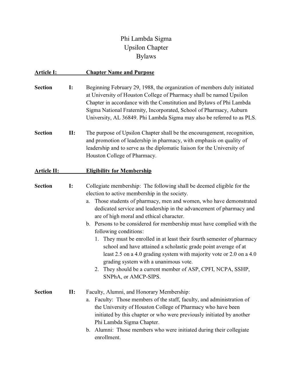 Phi Lambda Sigma Upsilon Chapter Bylaws