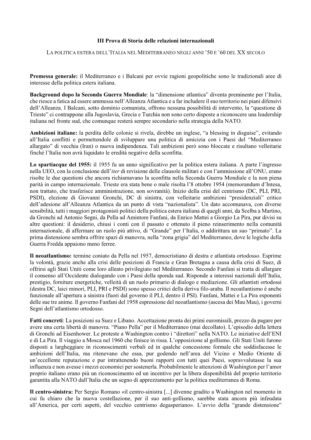 III Prova Di Storia Delle Relazioni Internazionali Premessa