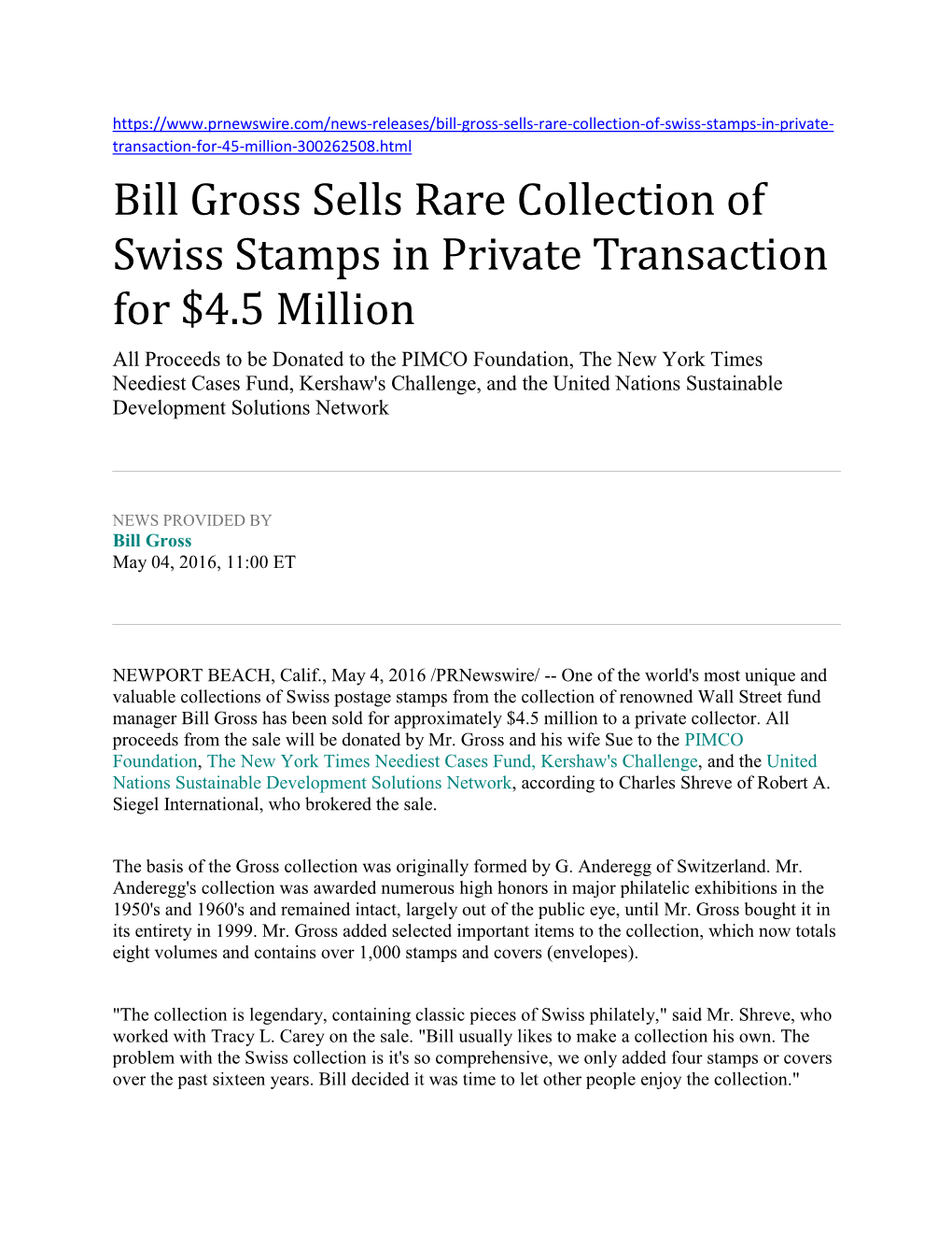 Bill Gross Sells Rare Collection of Swiss Stamps in Private Transaction for $4.5 Million