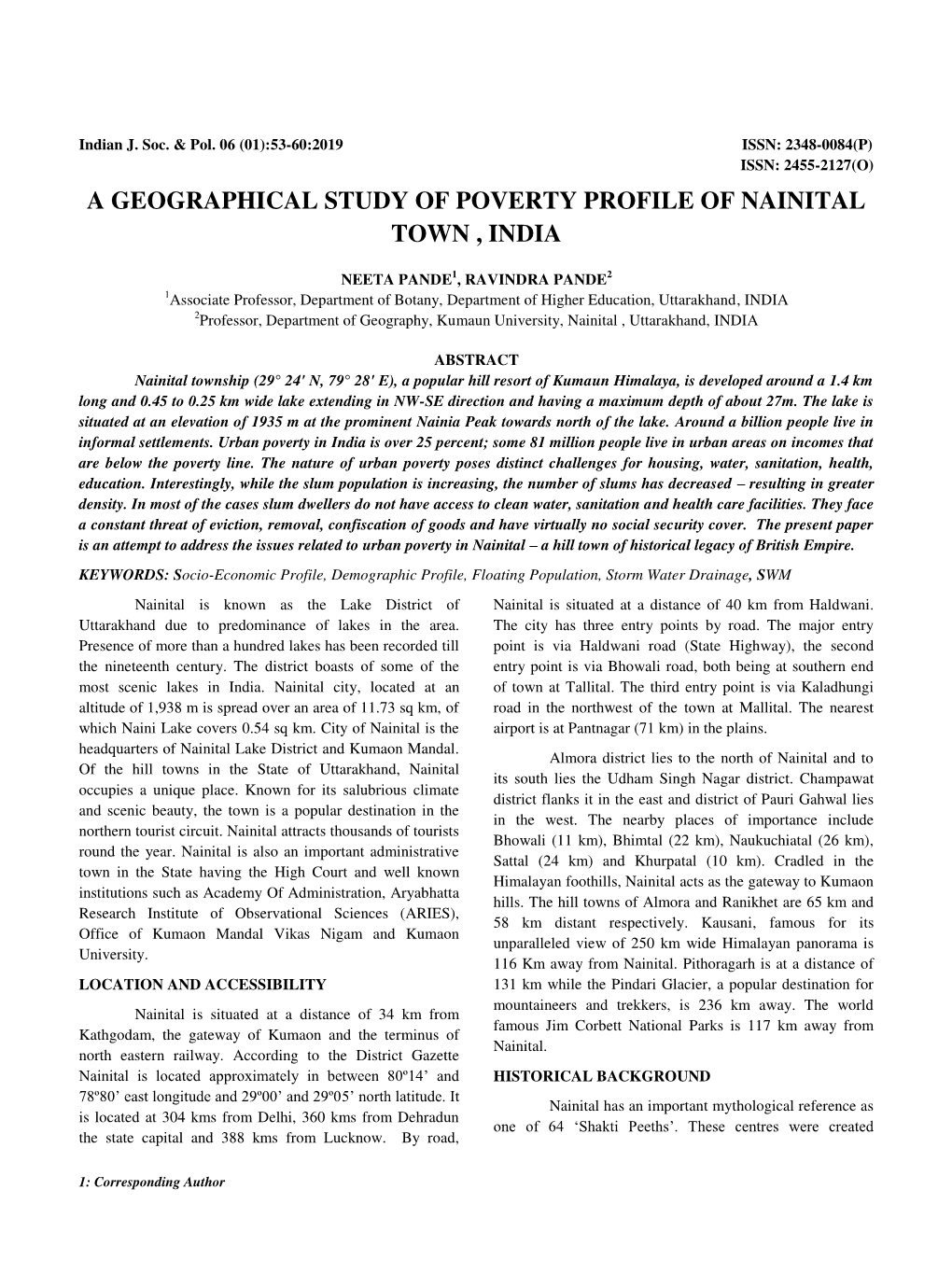 A Geographical Study of Poverty Profile of Nainital Town , India