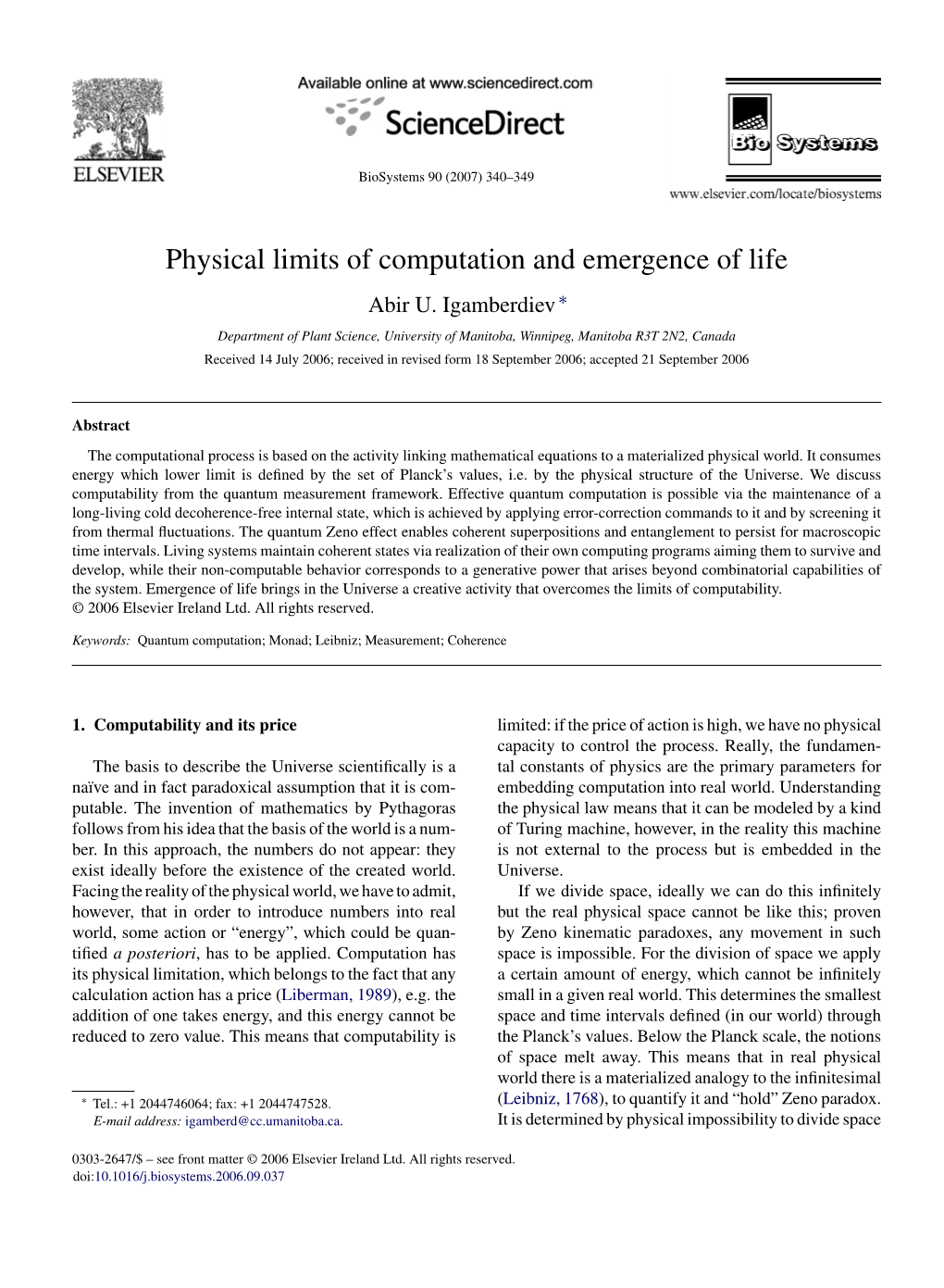 Physical Limits of Computation and Emergence of Life Abir U