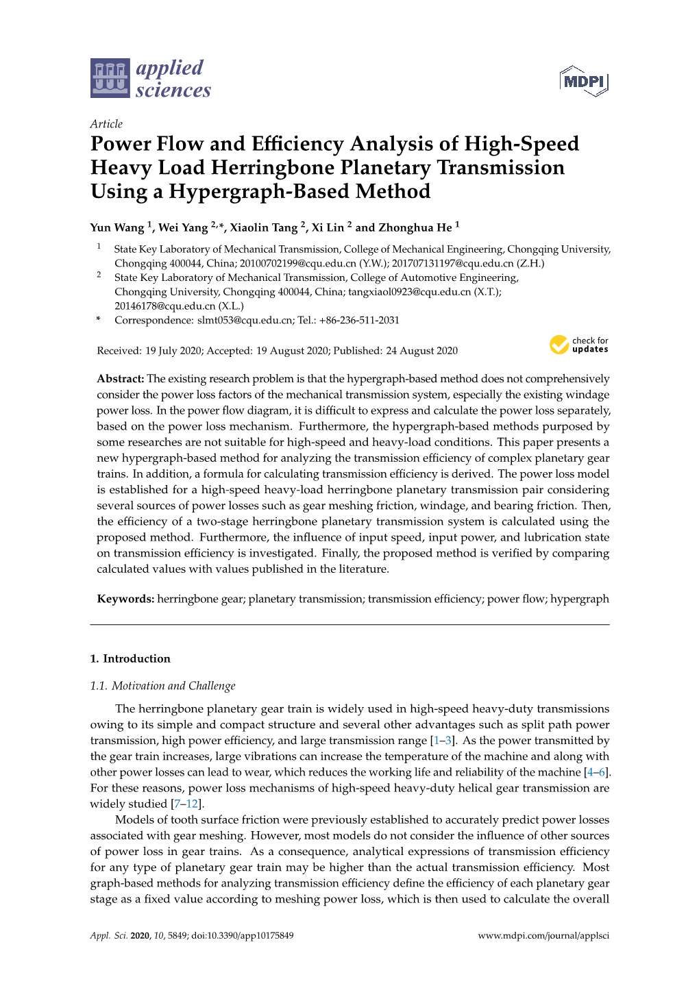 Power Flow and Efficiency Analysis of High-Speed Heavy Load Herringbone Planetary Transmission Using a Hypergraph-Based Method