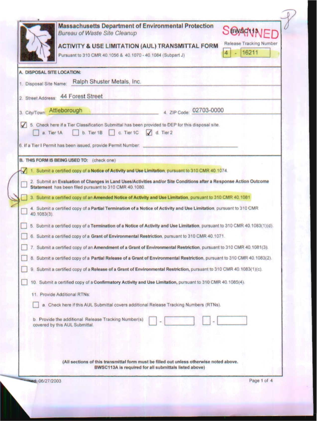 AUL) TRANSMITTAL FORM "Lt Trd;K-R0 Numtl." L Lill Pursuant to 310 CMR 40.1056 & 40.1070 - 40 1064 (Sutbpartl 16