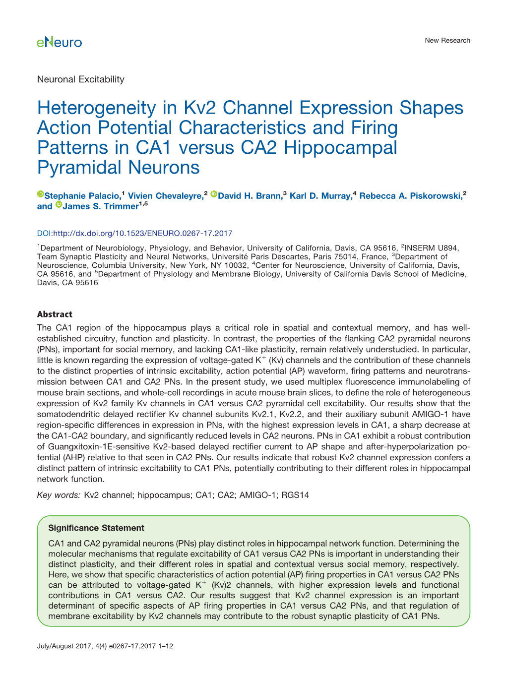 Heterogeneity in Kv2 Channel Expression Shapes Action Potential Characteristics and Firing Patterns in CA1 Versus CA2 Hippocampal Pyramidal Neurons