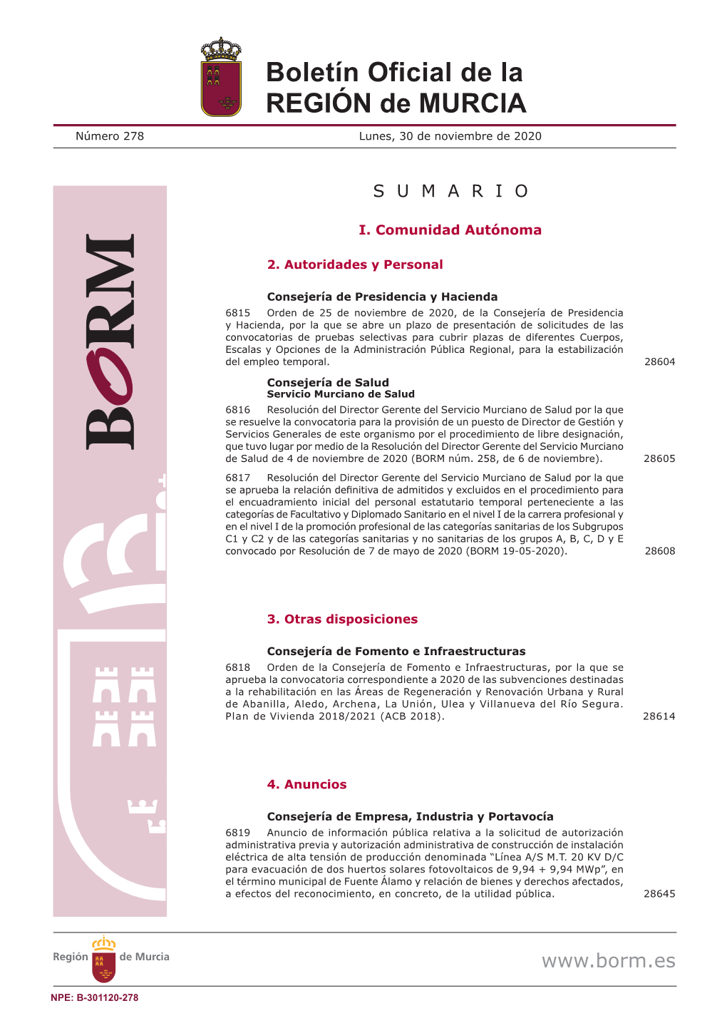 PDF Del BORM Número 278 De 30/11/2020