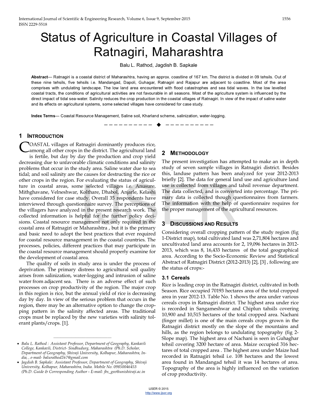 Status of Agriculture in Coastal Villages of Ratnagiri, Maharashtra Balu L