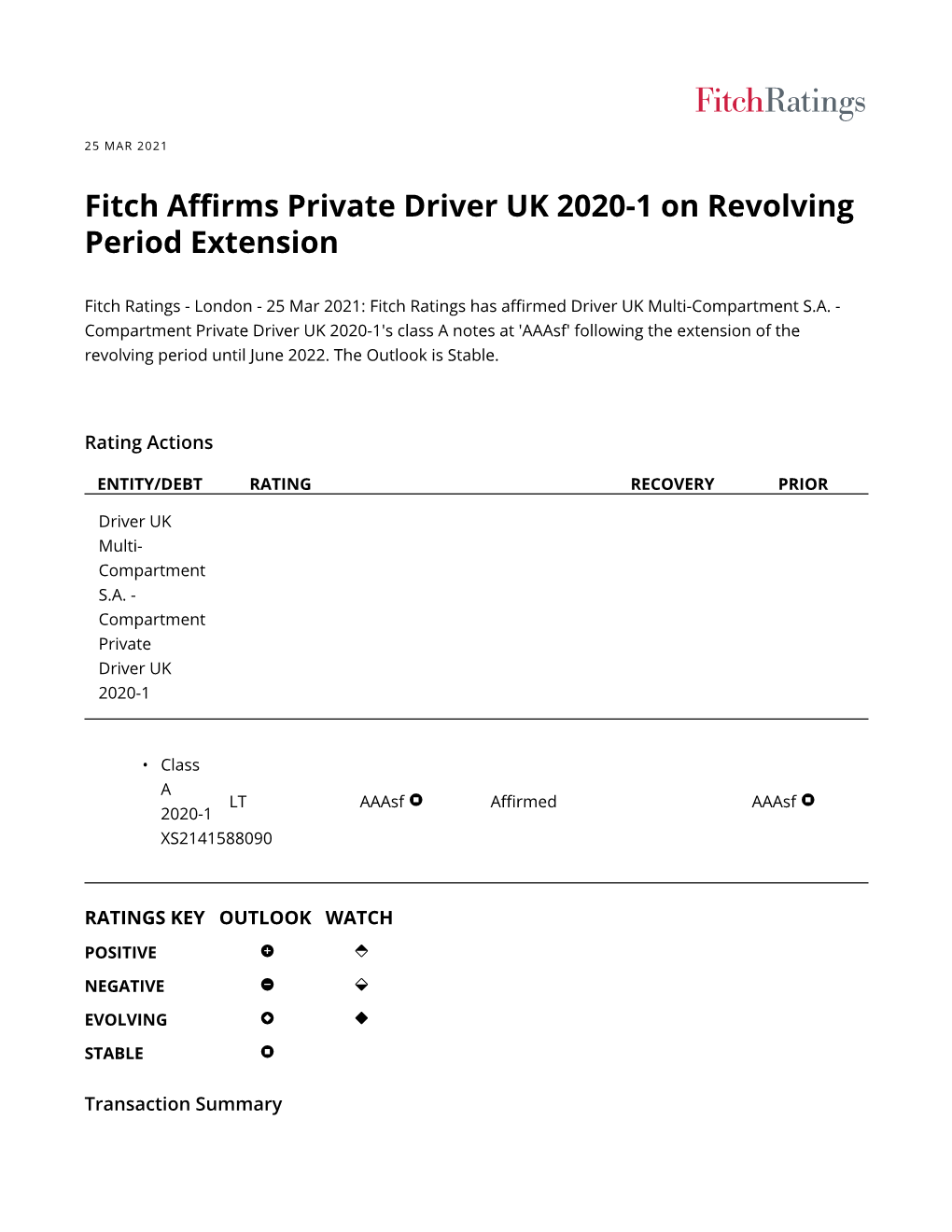 Fitch Affirms Private Driver UK 2020-1 on Revolving Period Extension