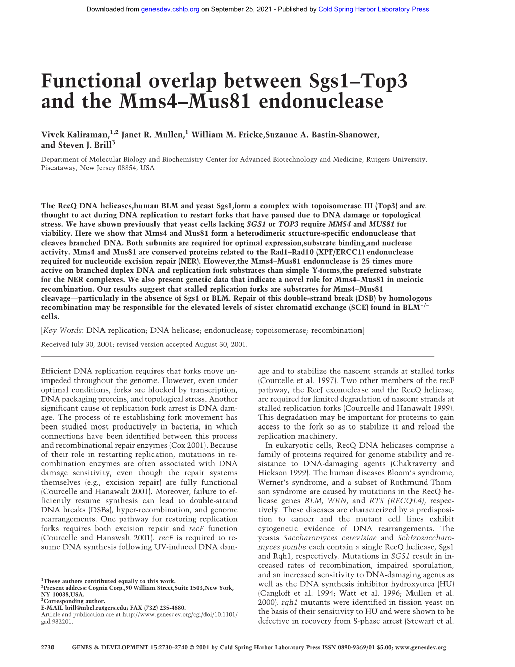 Functional Overlap Between Sgs1–Top3 and the Mms4–Mus81 Endonuclease