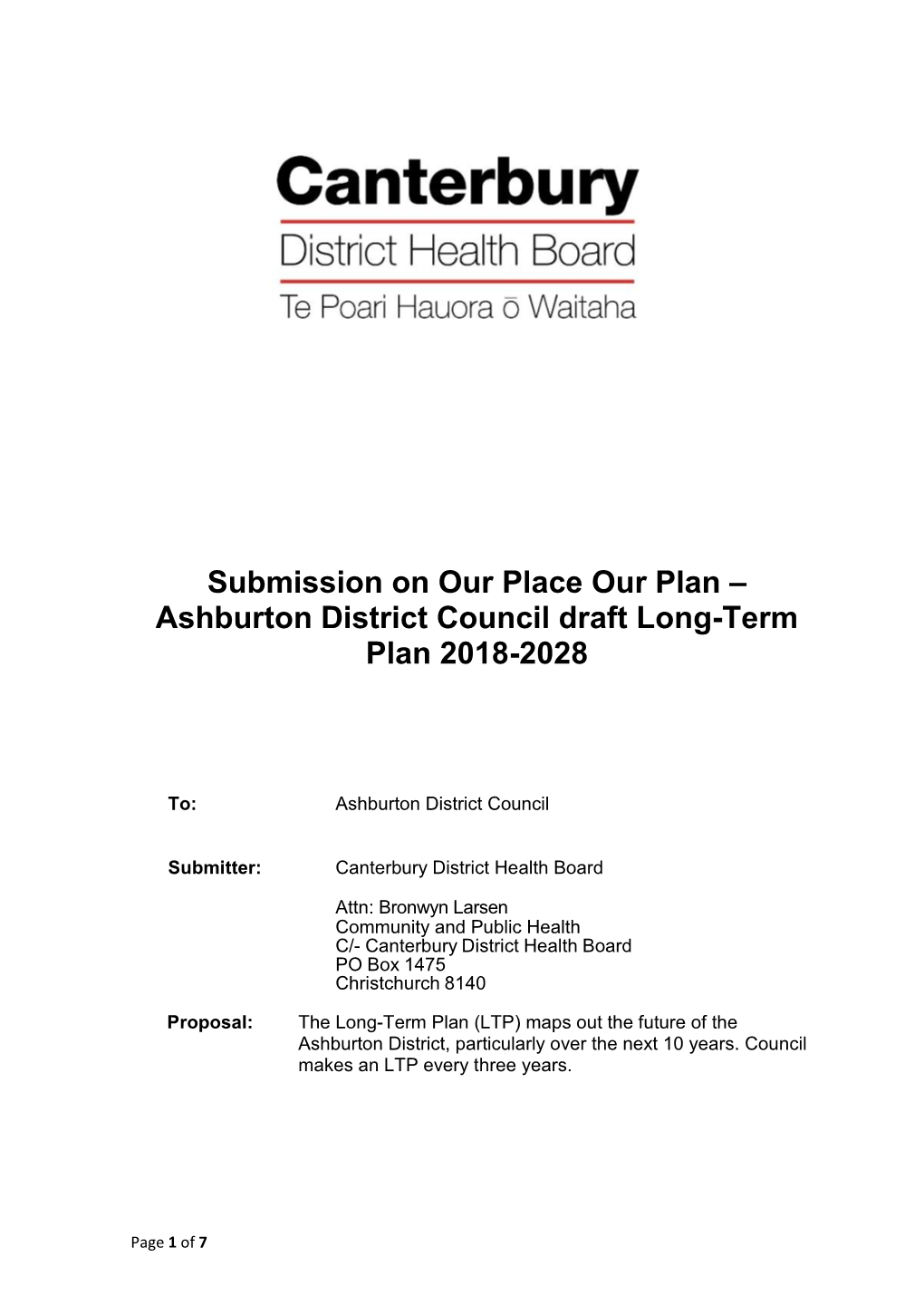 Submission on Our Place Our Plan – Ashburton District Council Draft Long-Term Plan 2018-2028