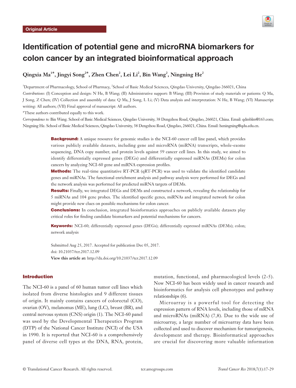 Identification of Potential Gene and Microrna Biomarkers for Colon Cancer by an Integrated Bioinformatical Approach