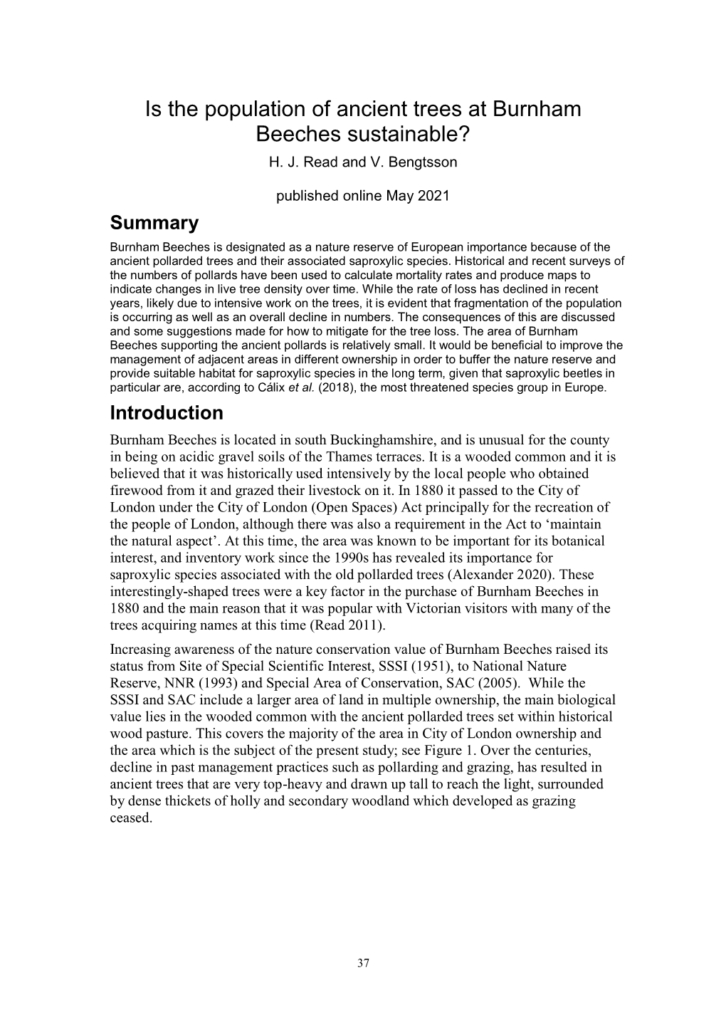 Is the Population of Ancient Trees at Burnham Beeches Sustainable? H