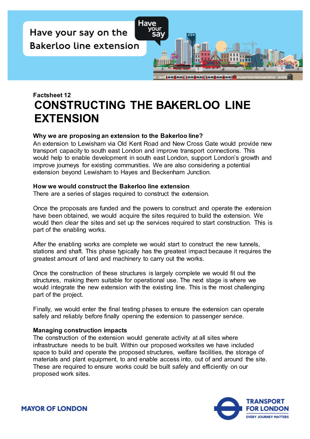 Factsheet 12. Constructing the Bakerloo Line Extension