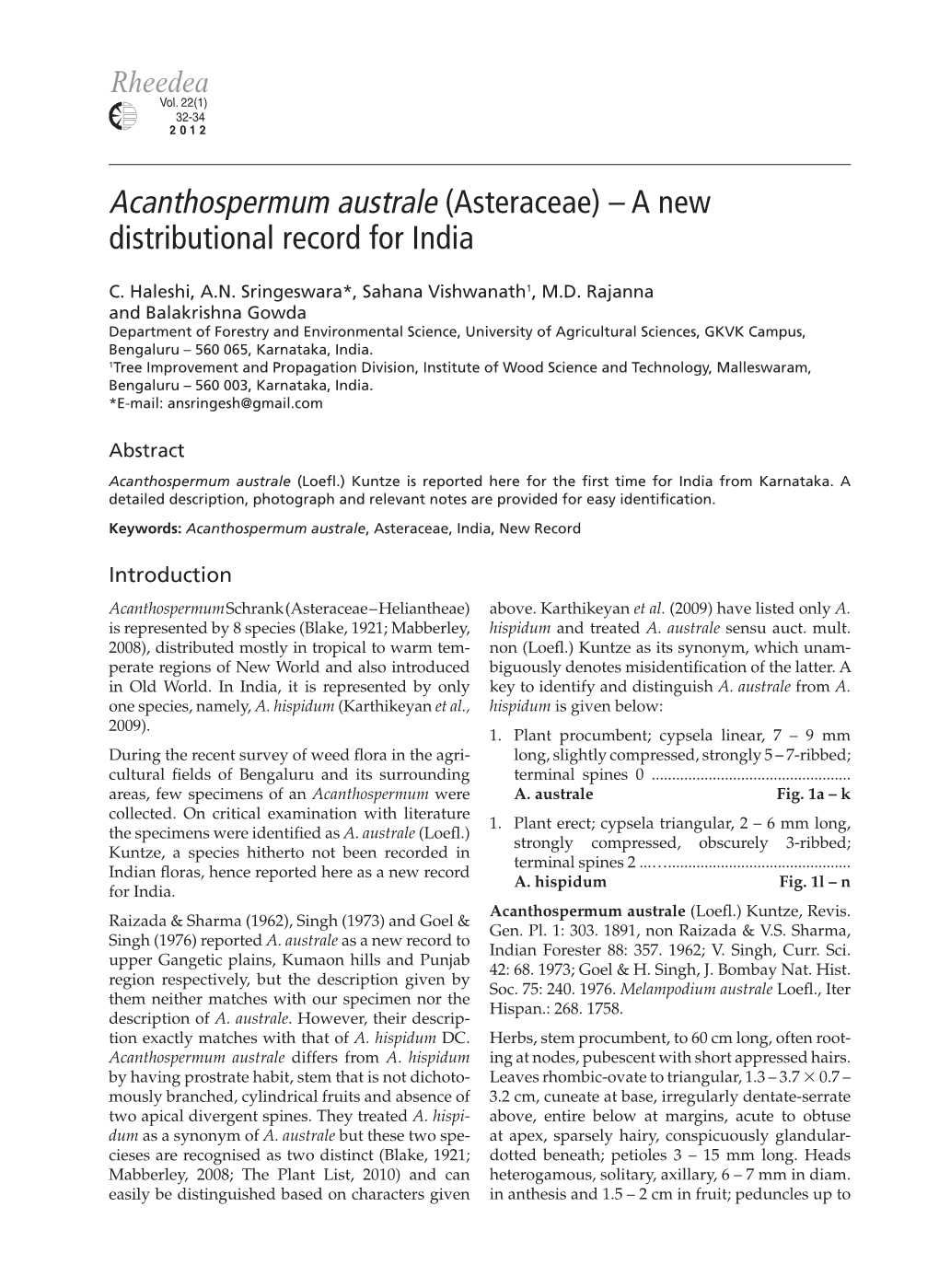 Acanthospermum Australe (Asteraceae) – a New Distributional Record for India